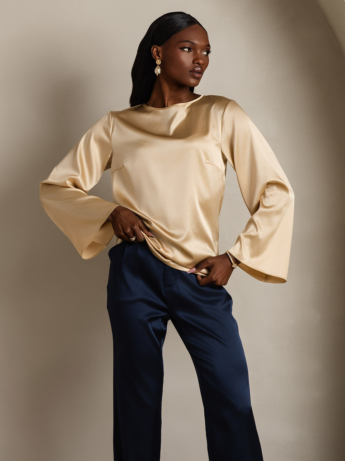 [Champagne] SilkSilky-FR 19Momme Manches longues Col Bateau Blouse 003