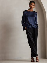[Bleu Foncé] SilkSilky-FR Long Sleeve Boat Neck Blouse 006