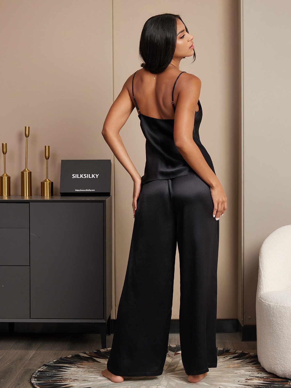[Noir] SilkSilky-FR Pure Soie Col en V Ensemble Camisole 002