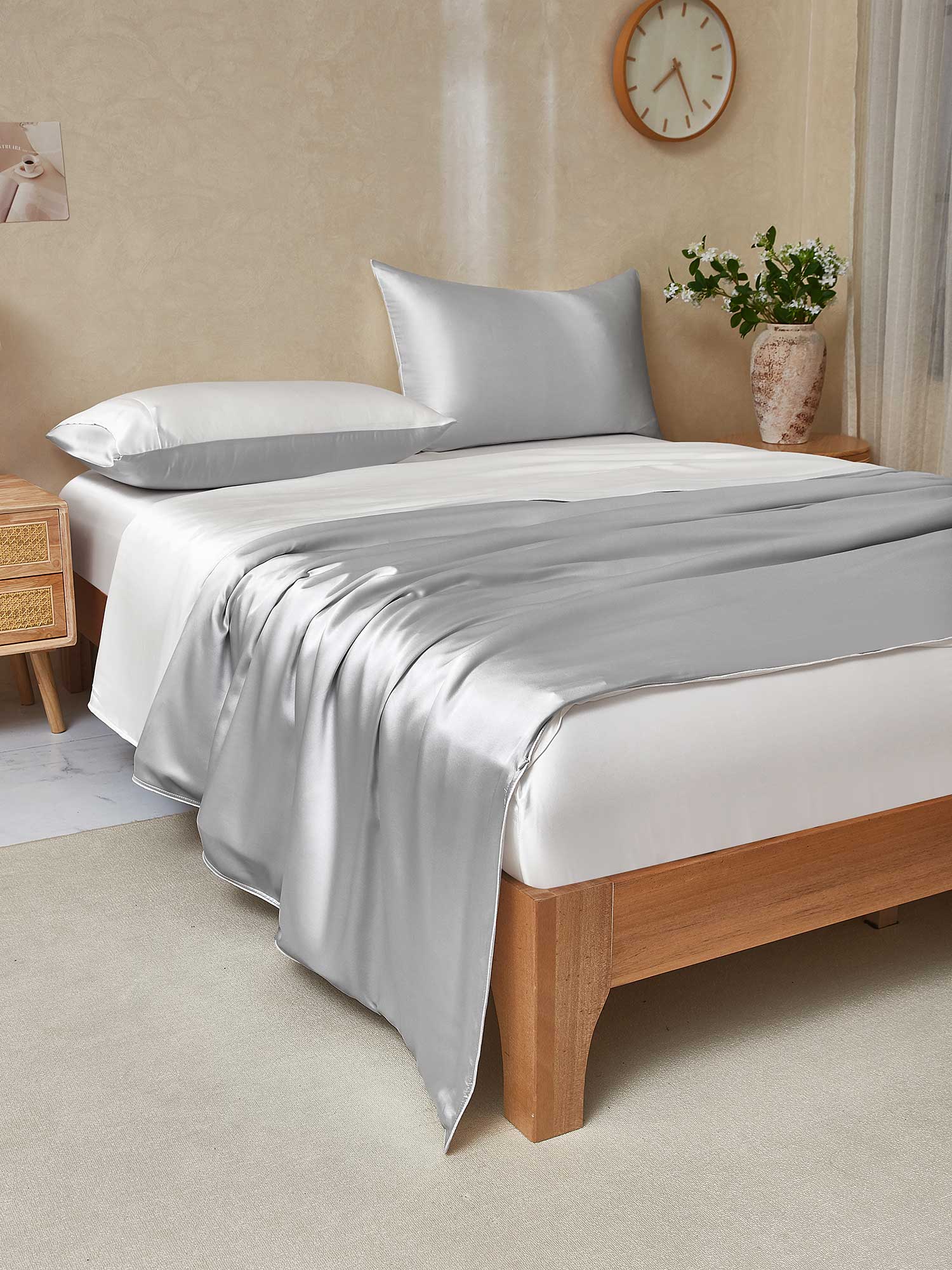 [GrisClair+Blanc] SilkSilky-FR 25Momme Pure Soie Bedding Set 003,