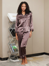 [Café] SilkSilky-FR Long Sleeve Lapel Collar Femme Pyjamas 003