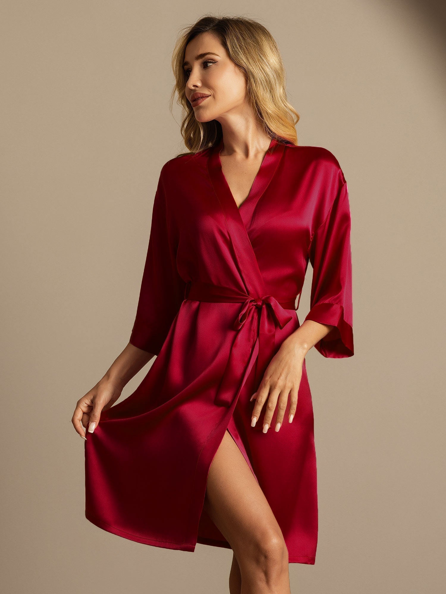 [Rouge Vineux] SilkSilky-FR Trois-quart Femme Peignoir 003