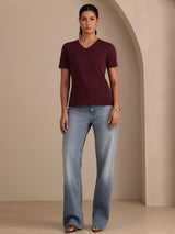 [Rouge Vineux] SilkSilky-FR Short Sleeve V Neck Femme T-Shirt 005