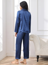 [Bleu Foncé] SilkSilky-FR Long Sleeve Lapel Collar Femme Pyjamas 002