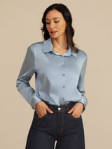 [Bleu Grisâtre] SilkSilky-FR Long Sleeve Lapel Collar Femme Chemise 003