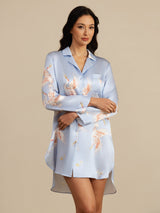 [Bleu Clair] SilkSilky-FR Long Sleeve Lapel Collar Chemise pour dormir 003