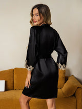 [Noir] SilkSilky-FR 3/4 Sleeve Femme Peignoir 002