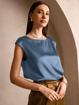 [Bleu Canard Véritable] SilkSilky-FR Cap Sleeve Round Neck Femme T-Shirt 003