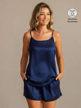 [Bleu Foncé] SilkSilky-FR 19Momme Soie Sans manches Col Rond Ensemble Camisole 001