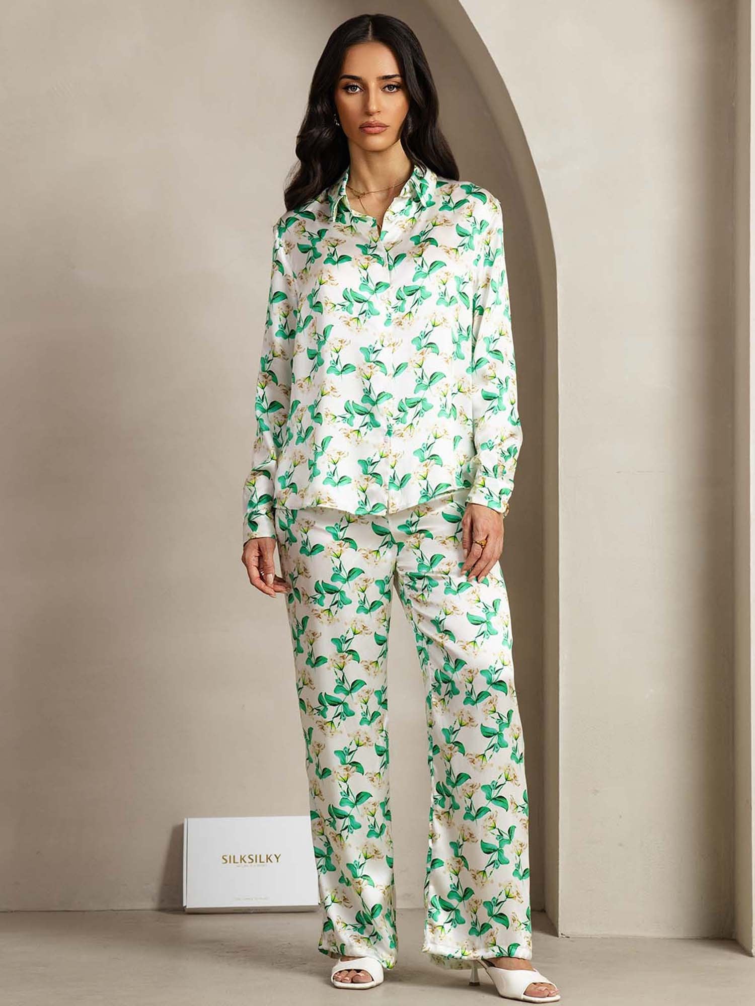 [FloralVert] SilkSilky-FR 19Momme Soie Col Chemise Women''s Outfit Sets 001