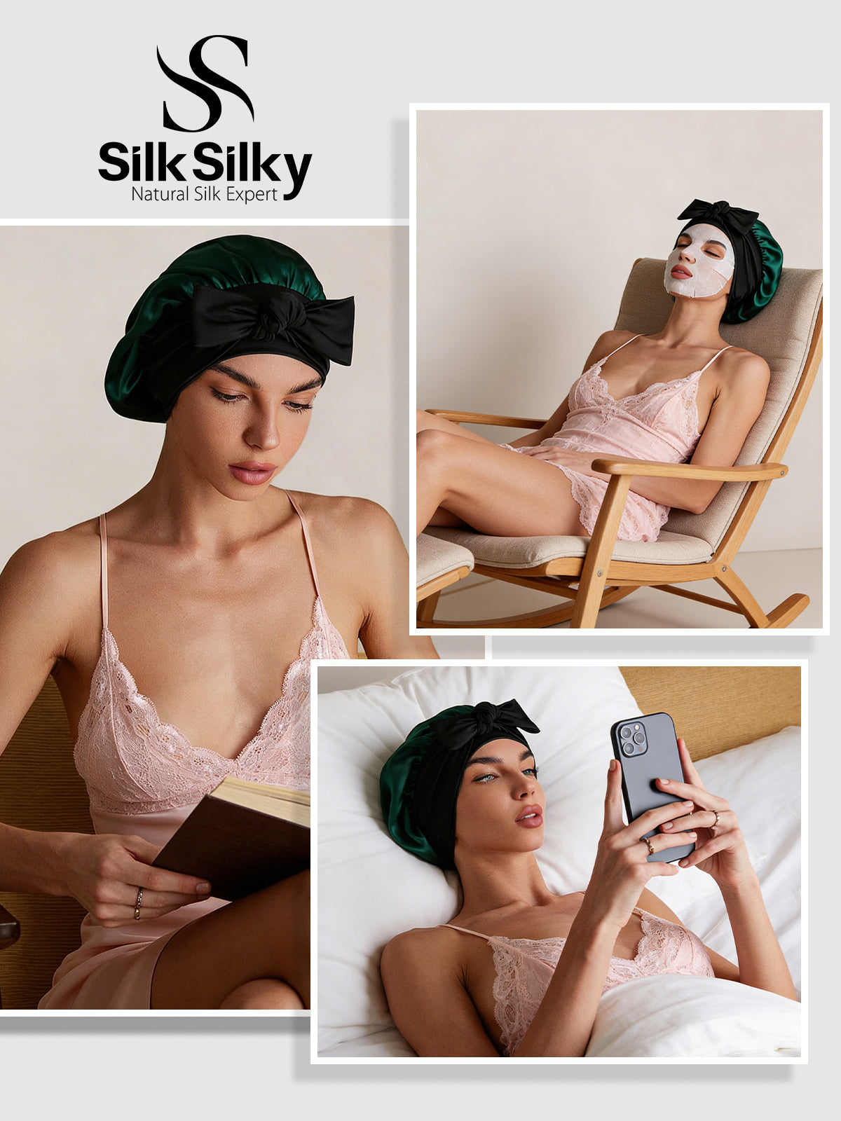 [Vert Foncé] SilkSilky-FR Soie Sleep Cap 005