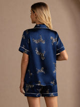 [Zèbre Bleu Marine] SilkSilky-FR Short Sleeve Lapel Collar Femme Pyjamas 002