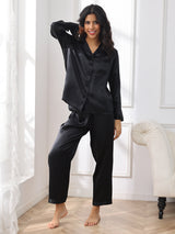 [Noir] SilkSilky-FR Long Sleeve Lapel Collar Femme Pyjamas 005