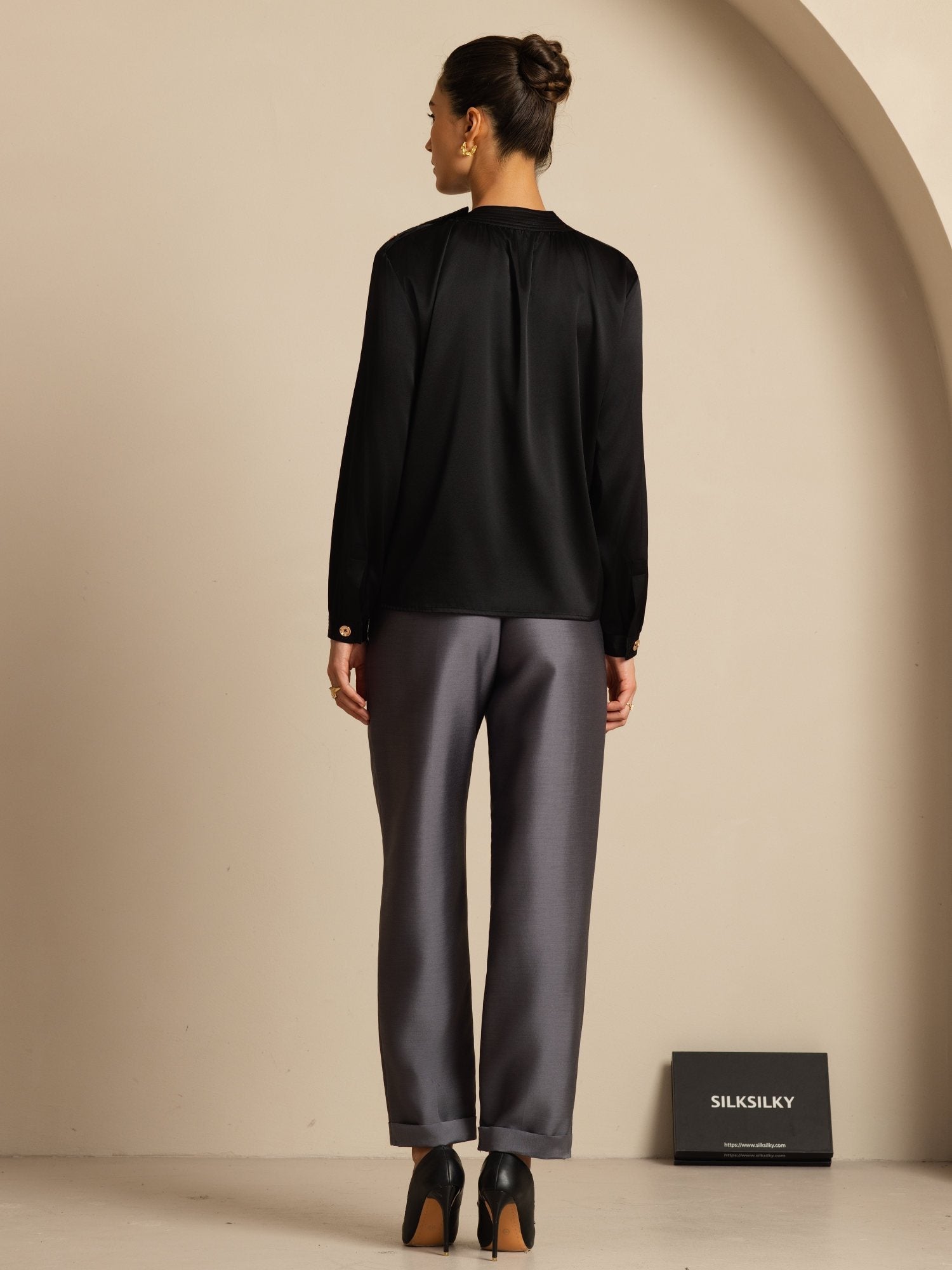 [Noir] SilkSilky-FR 19Momme Soie Manches longues Col Rond Blouse 002