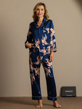 [Bleu Foncé] SilkSilky-FR Long Sleeve Lapel Collar Femme Pyjamas 007