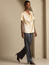 [Champagne] SilkSilky-FR Short Sleeve Cowl Neck Blouse 007