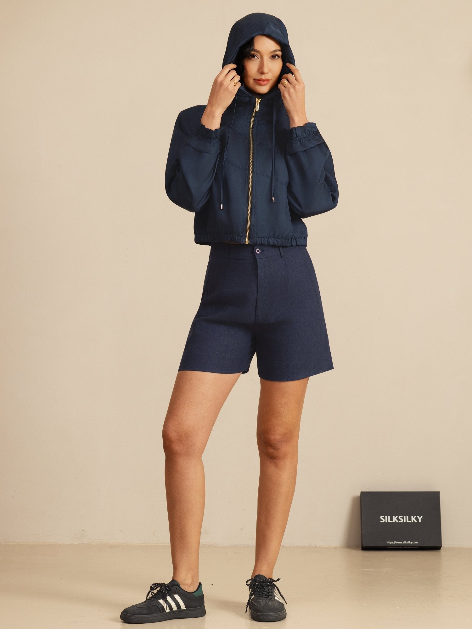 [BleuFoncé] SilkSilky-FR 18Momme Manches longues Col Haut Femme Manteaux 008