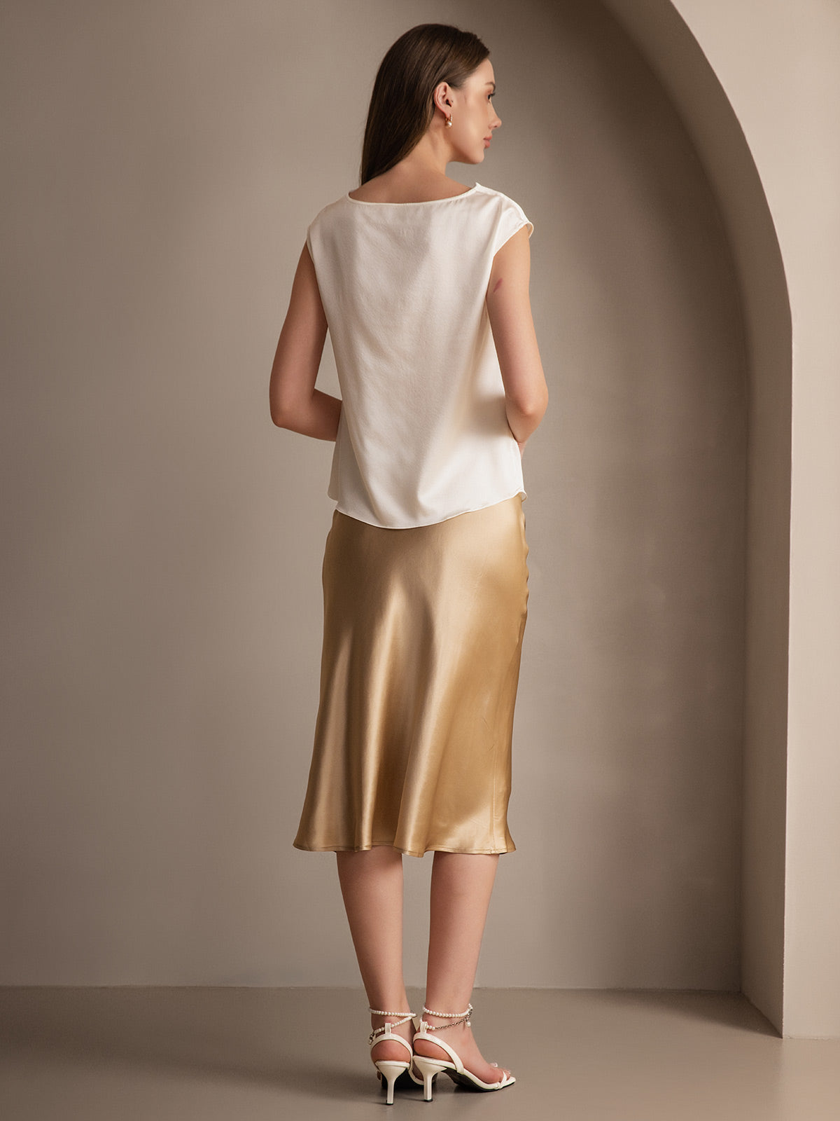 SilkSilky FR 19Momme Pure Soie Skirt Champagne 004