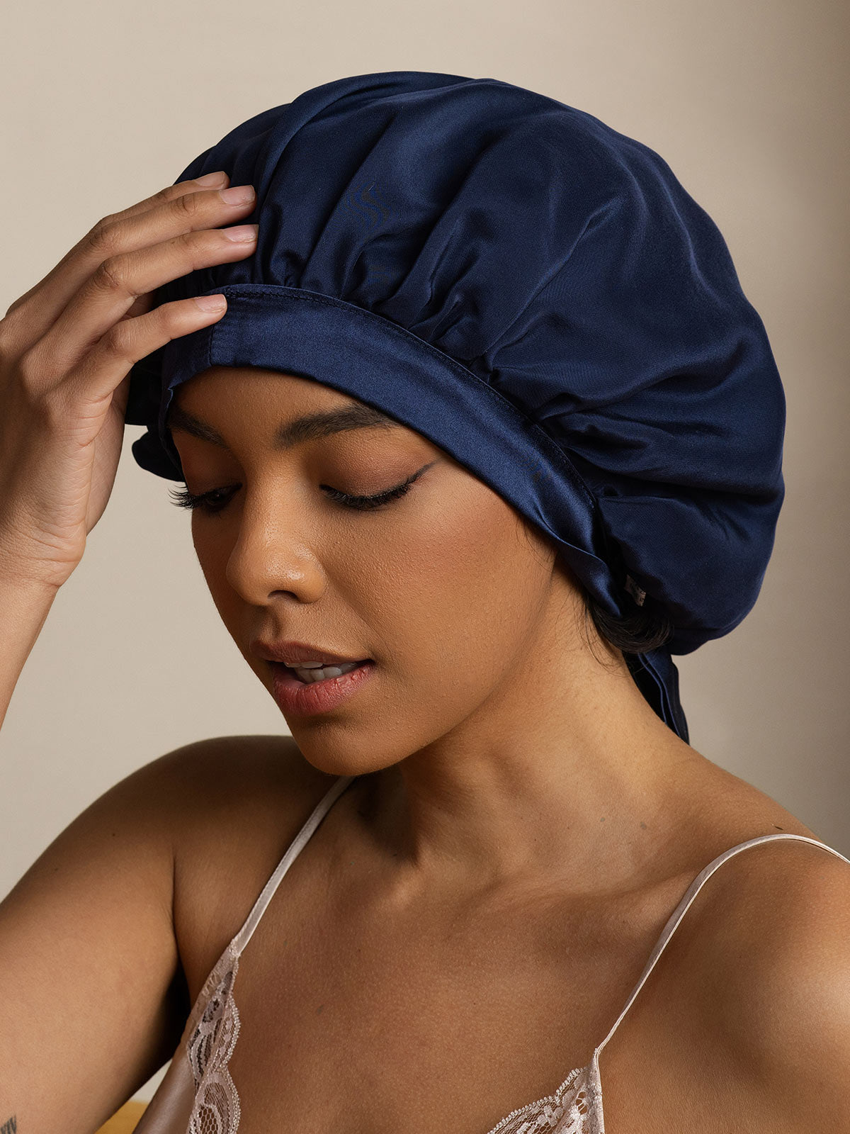 [Bleu Foncé] SilkSilky-FR Pure Soie Sleep Cap 002