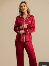 [Rouge Vineux] SilkSilky-FR Manches longues Col Cranté Femme Pyjamas 008