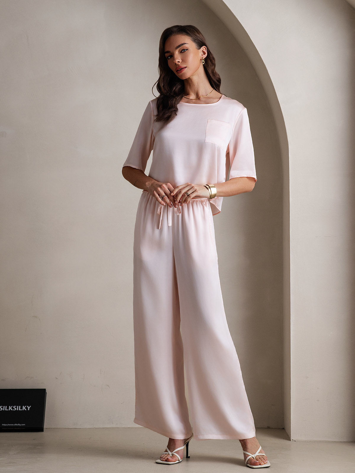 [Rose] SilkSilky-FR Pure Soie Col Rond Femme Pyjamas 005