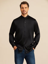 [Noir] SilkSilky-FR Long Sleeve Stand Collar Homme Chemise 001