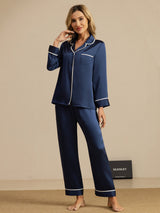 [Bleu Foncé] SilkSilky-FR Manches longues Col Cranté Femme Pyjamas 006