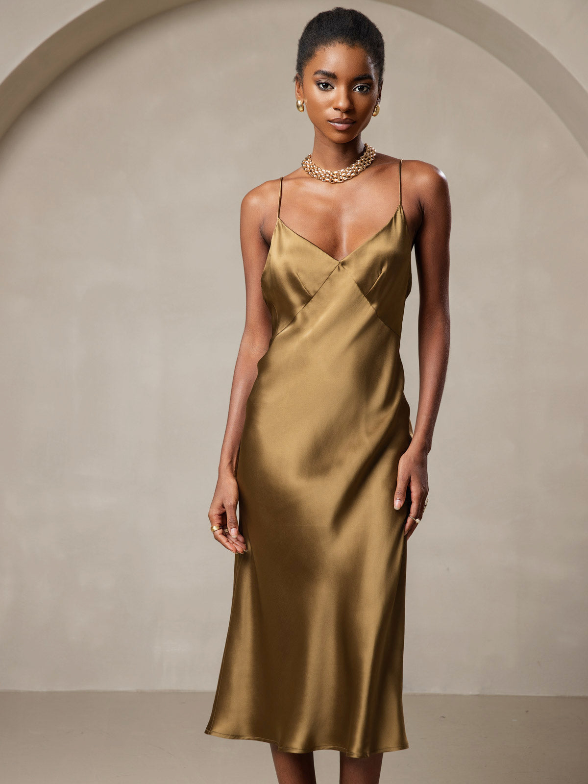 [Brun] SilkSilky-FR 19Momme Pure Soie Col en V Robes 004