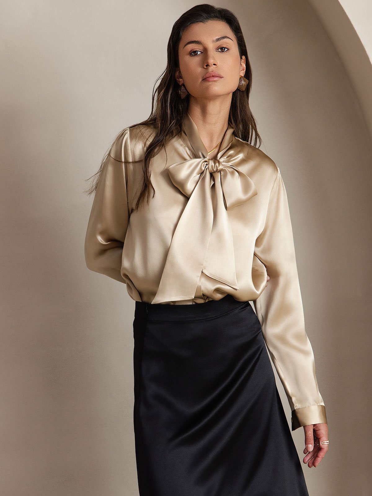 [Champagne] SilkSilky-FR 19Momme Manches longues À Nouer Blouse 003