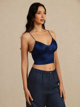 [Bleu Foncé] SilkSilky-FR Spaghetti Strap V Neck Top À Fines Brides 002