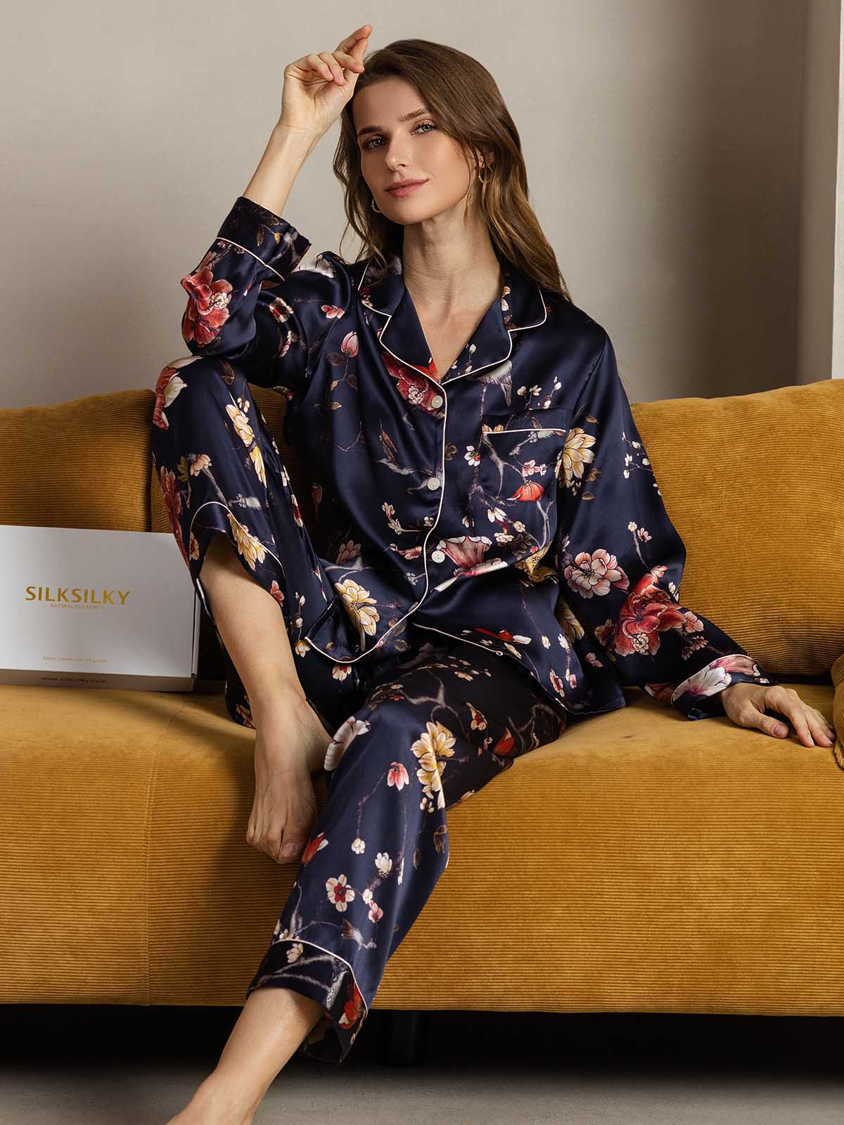 [Floral Marine] SilkSilky-FR Pure Soie Womens Pajamas 003