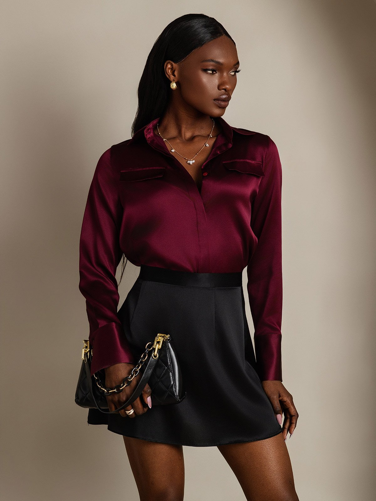 SilkSilky-FR 19Momme Soie Manches longues Col Chemise Femme Chemise RougeFoncé 001