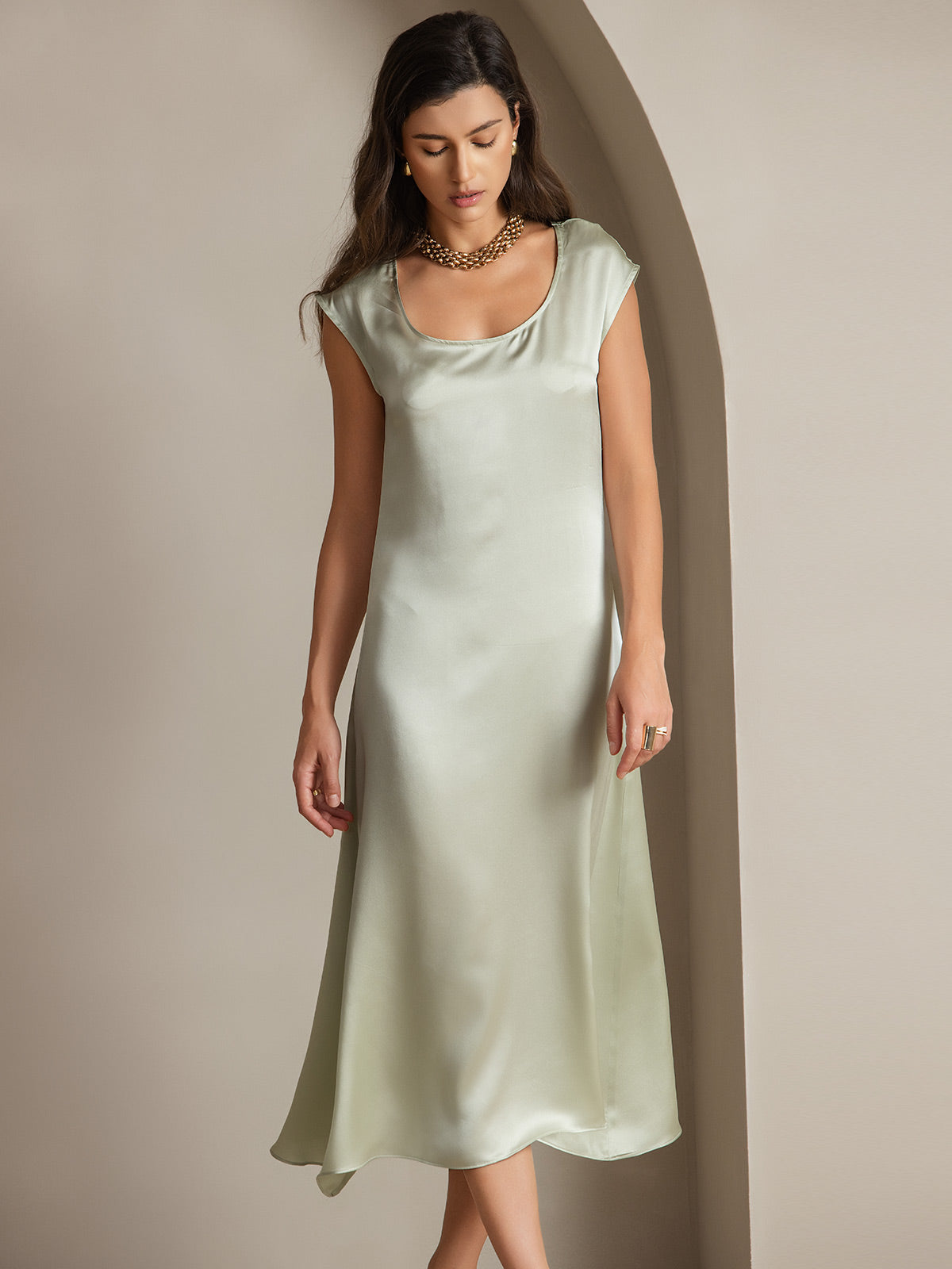 [Vert Clair] SilkSilky-FR 19Momme Soie Col Rond Robes 004