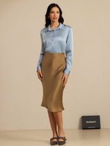[Bleu Grisâtre] SilkSilky-FR Long Sleeve Lapel Collar Femme Chemise 007