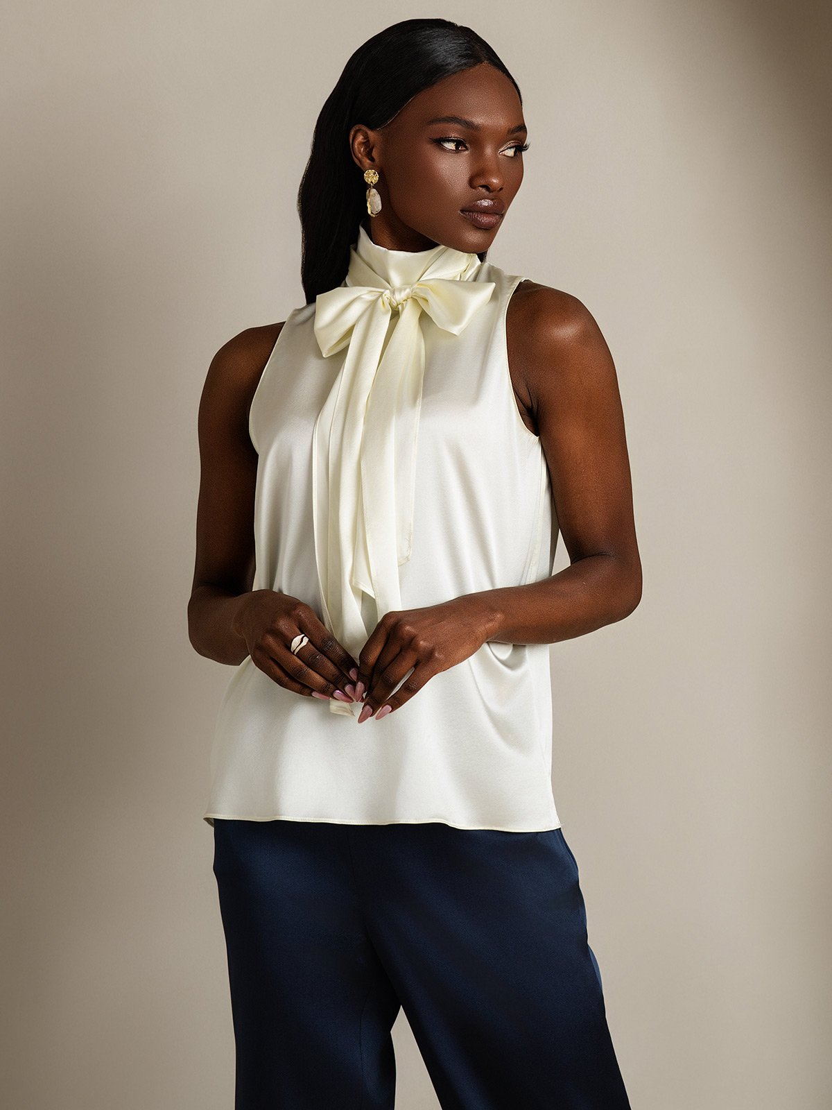 SilkSilky-FR 19Momme Soie Nœud à l'encolure Femme Chemise Ivory 005