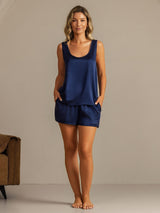 [Bleu Foncé] SilkSilky-FR 19Momme Sans manches Encolure Dégagée Femme Pyjamas 008