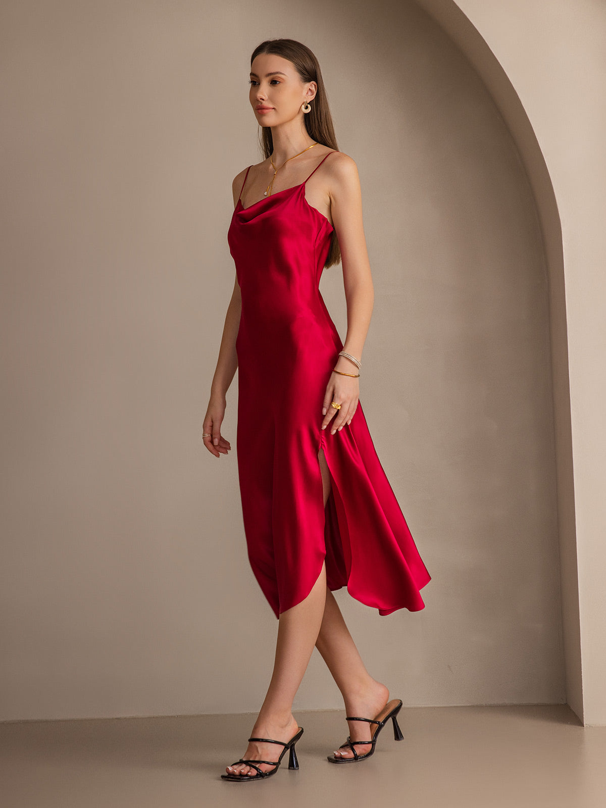 [Rouge Vineux] SilkSilky-FR 19Momme Pure Soie Col Bénitier Robes 008