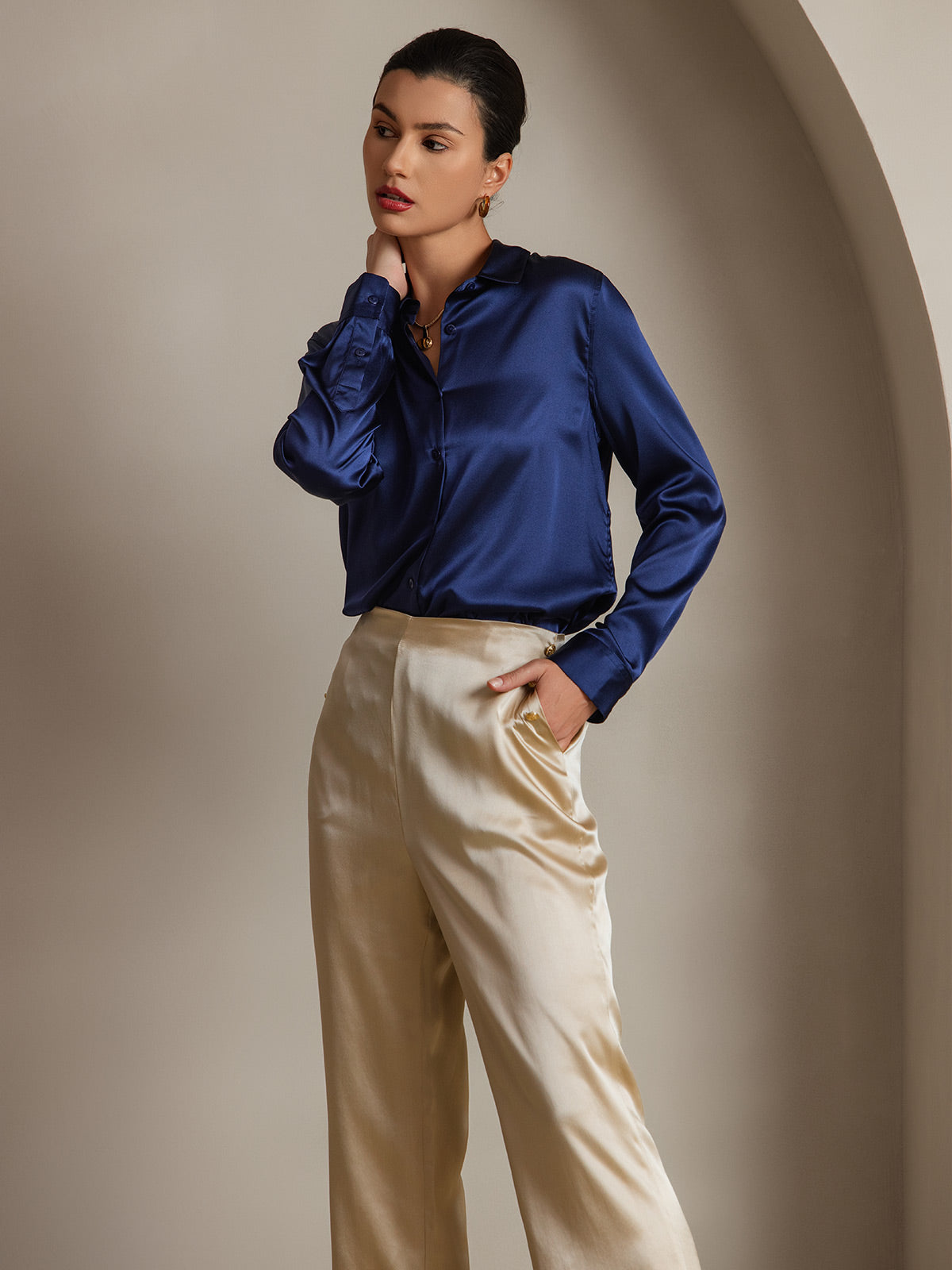 [Bleu Foncé] SilkSilky-FR 19Momme Manches longues Col à Revers Femme Chemise 005