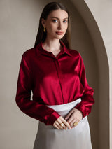 [Rouge Vineux] SilkSilky-FR 19Momme Manches longues Col à Revers Femme Chemise 003