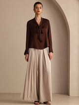 [Chocolat Noir] SilkSilky-FR Long Sleeve Tie Neck Blouse 006