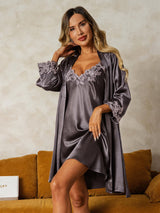 [Gris Pourpre] SilkSilky-FR 3/4 Sleeve V Neck Peignoir&Robe de Chambre 001