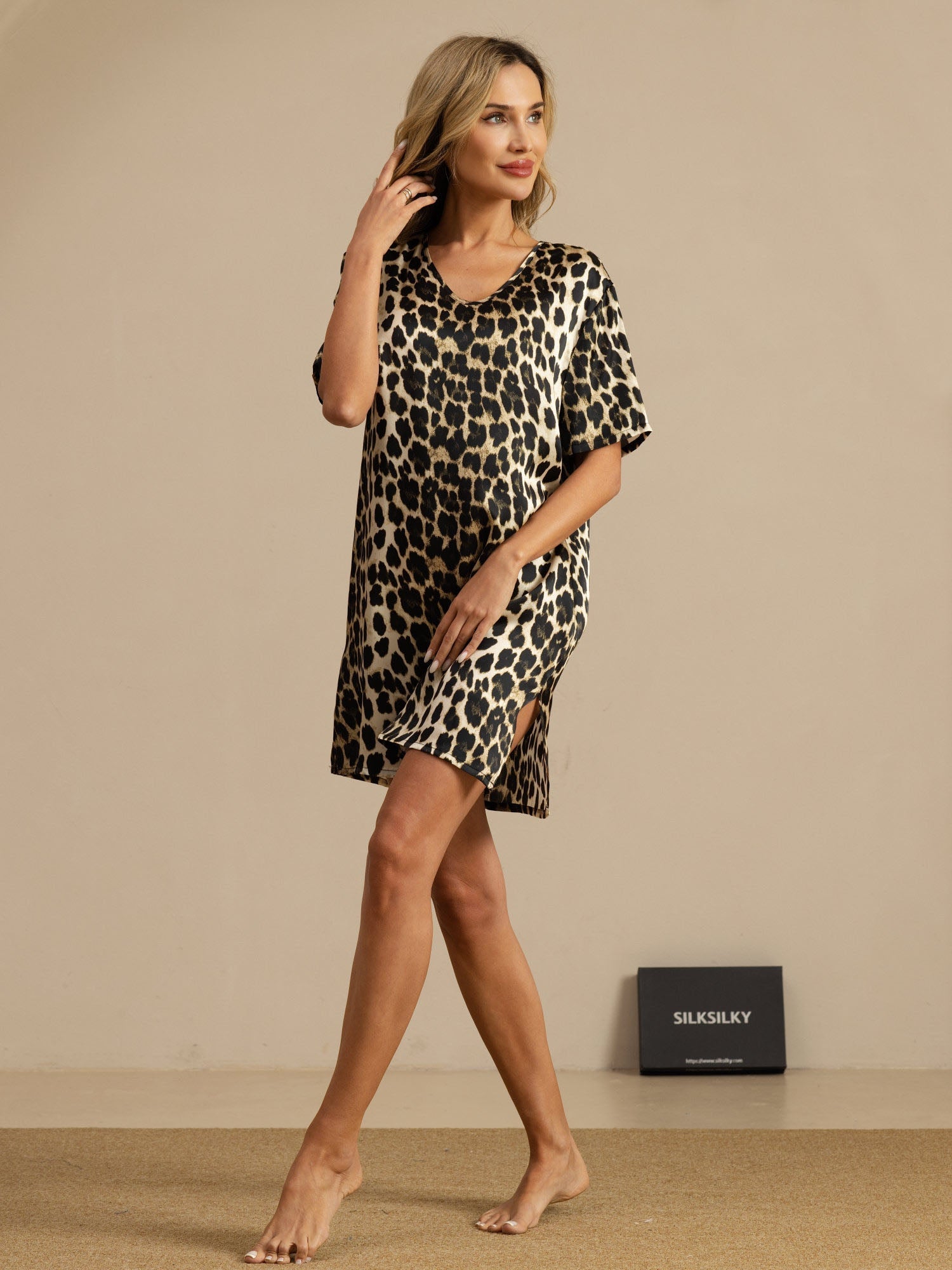 [Leopard] SilkSilky-FR Pure Silk Manches courtes Nightgown 006