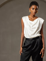 [Blanc] SilkSilky-FR Cap Sleeve Cowl Neck Femme T-Shirt 005