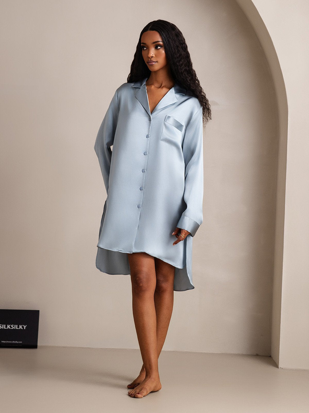 [BleuGrisâtre] SilkSilky-FR Soie Col Chemise Chemises de nuit 004