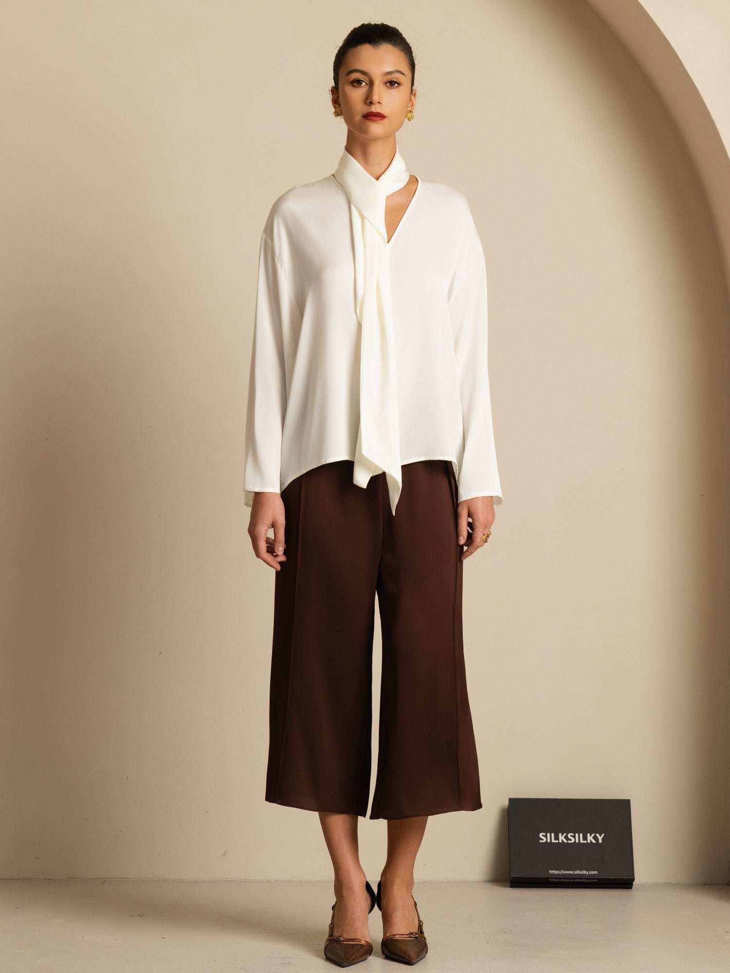 [Blanc] SilkSilky-FR 19Momme Soie Manches longues Col V Blouse 008