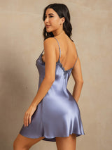 [Bleu Acier] SilkSilky-FR Sleeveless V Neck Chemises de nuit 002