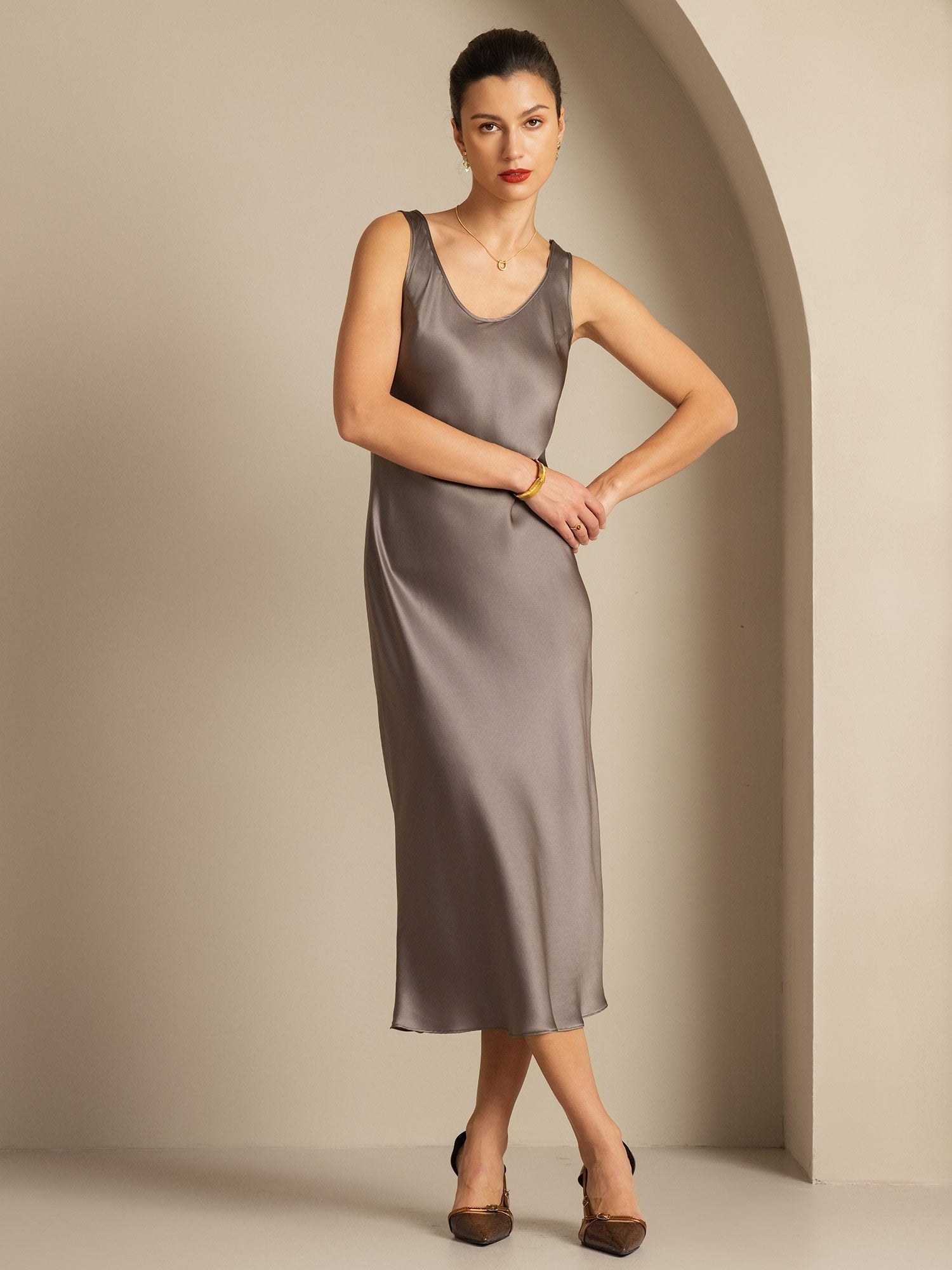 [Kaki Foncé] SilkSilky-FR Pure Soie Col Bateau Robes 003,