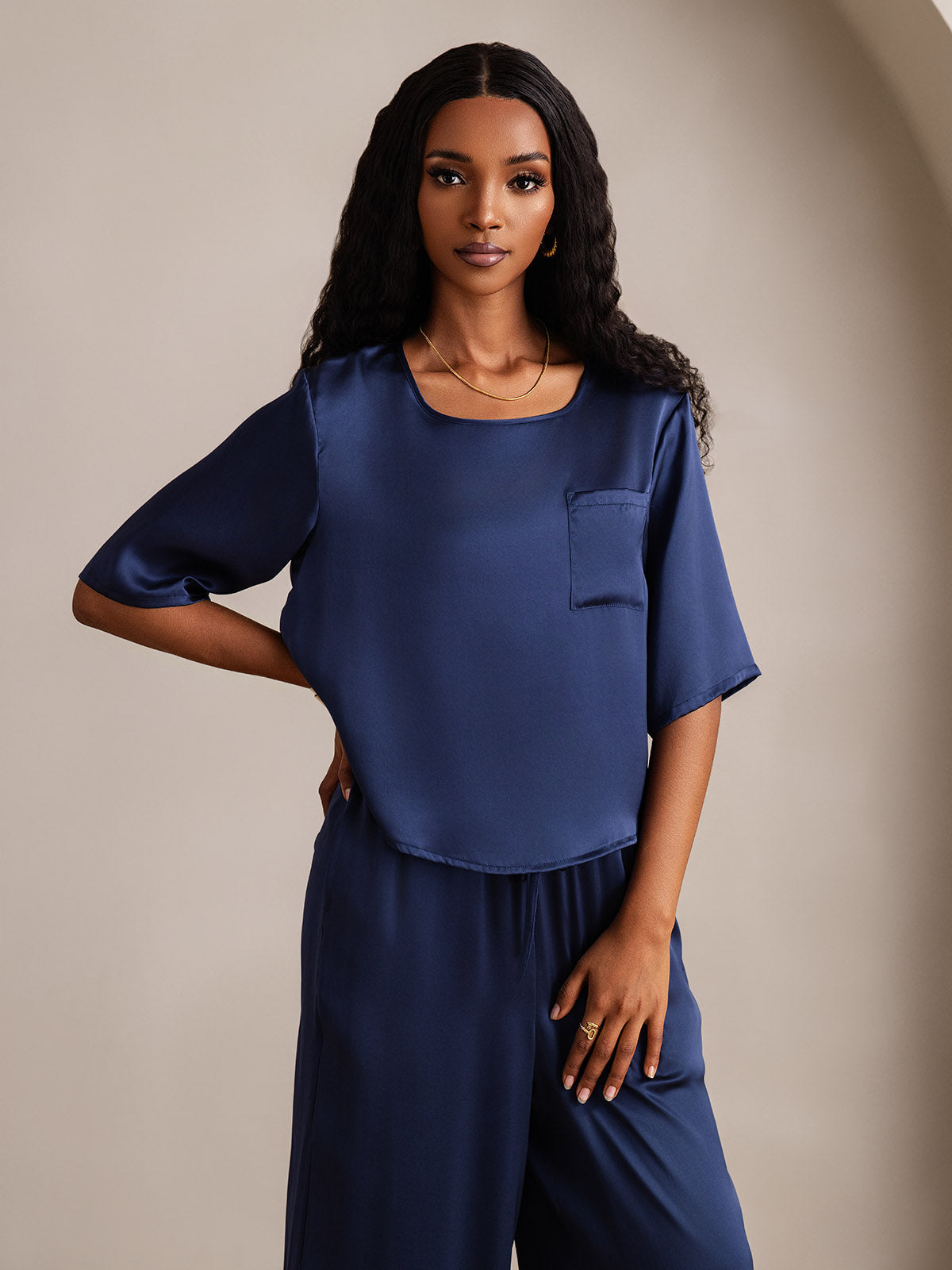 [Bleu Foncé] SilkSilky-FR Pure Soie Col Rond Femme Pyjamas 007