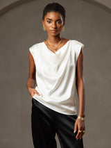 [Blanc] SilkSilky-FR Cap Sleeve Cowl Neck Femme T-Shirt 004