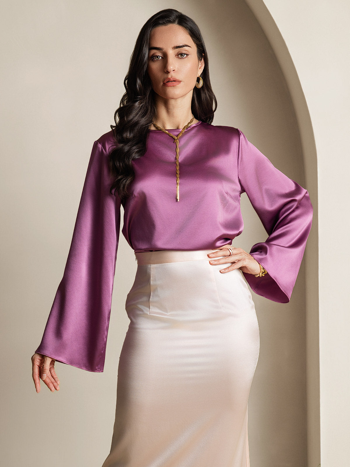 [Violet Foncé] SilkSilky-FR 19Momme Soie Col Rond Femme T-Shirt 001,